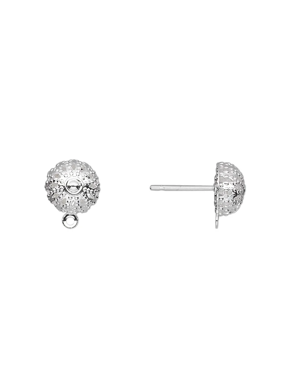 Lacy Sterling Silver Plated Domed 8mm Filigree Stud Earring Findings 4 pcs